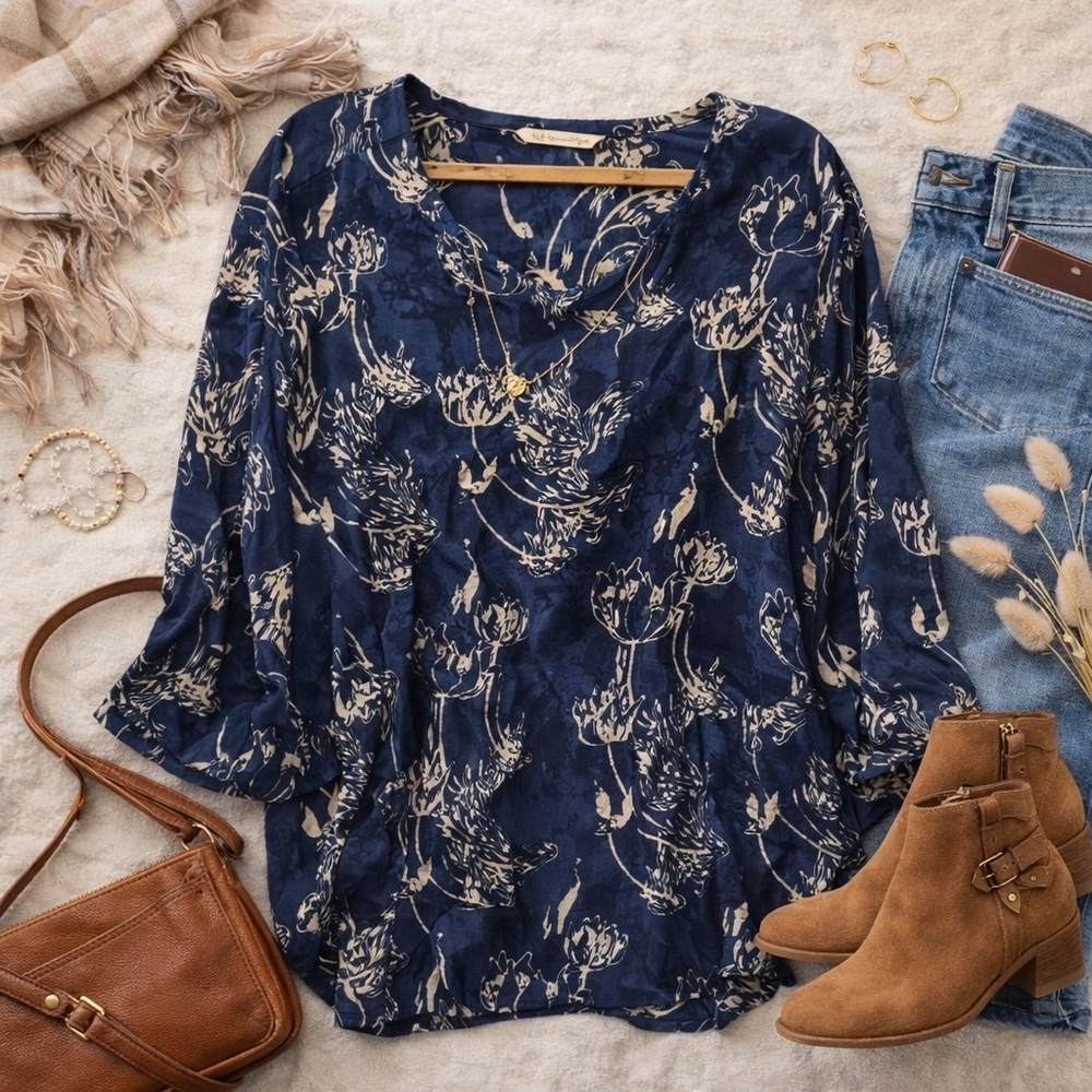 Soft Surroundings Blue/brown Batik Long Roll Up Sleeves Tunic/shirt. Ladies Medi